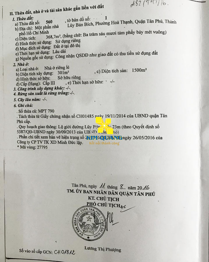 Giấy chứng nhận quyền sử dụng đất của tòa nhà bán mặt tiền đường Lũy Bán Bích